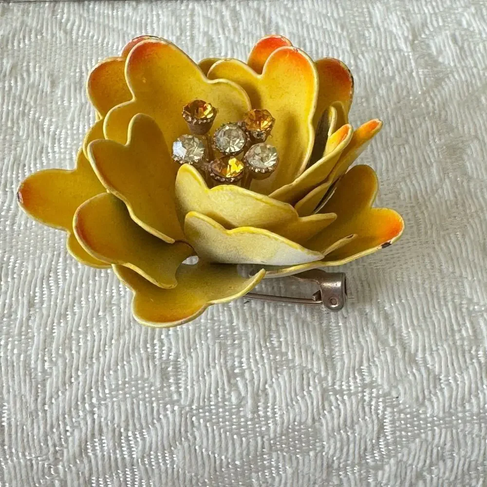 Vintage CORO Flower Brooch Large Yellow & Orange Enamel Metal Rhinestone Pin